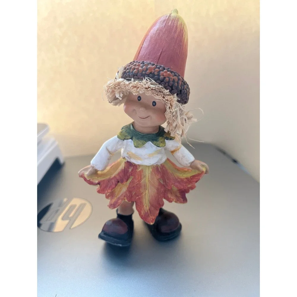 Fall Harvest Gnome Figurine Acorn Hat Leaf Skirt Autumn Decor 5.5 Inch